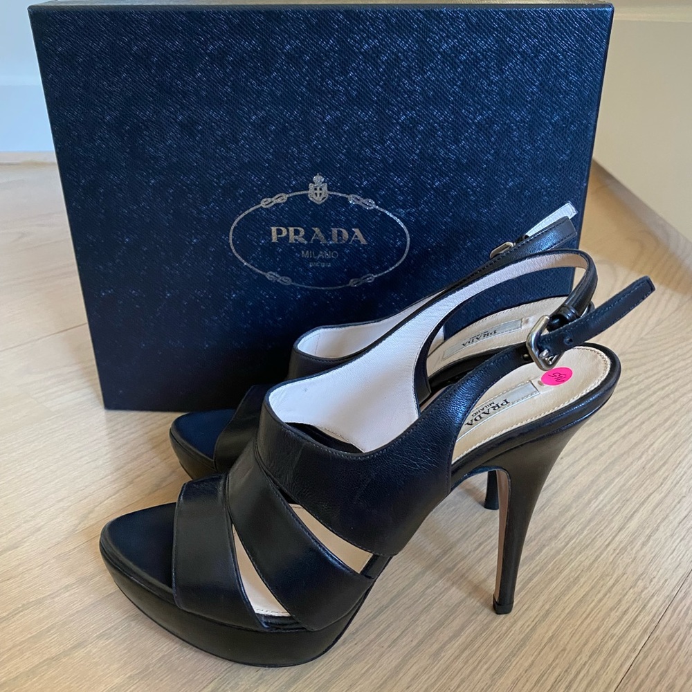 NWOT Prada black leather platform heals (Size 38 1/2)